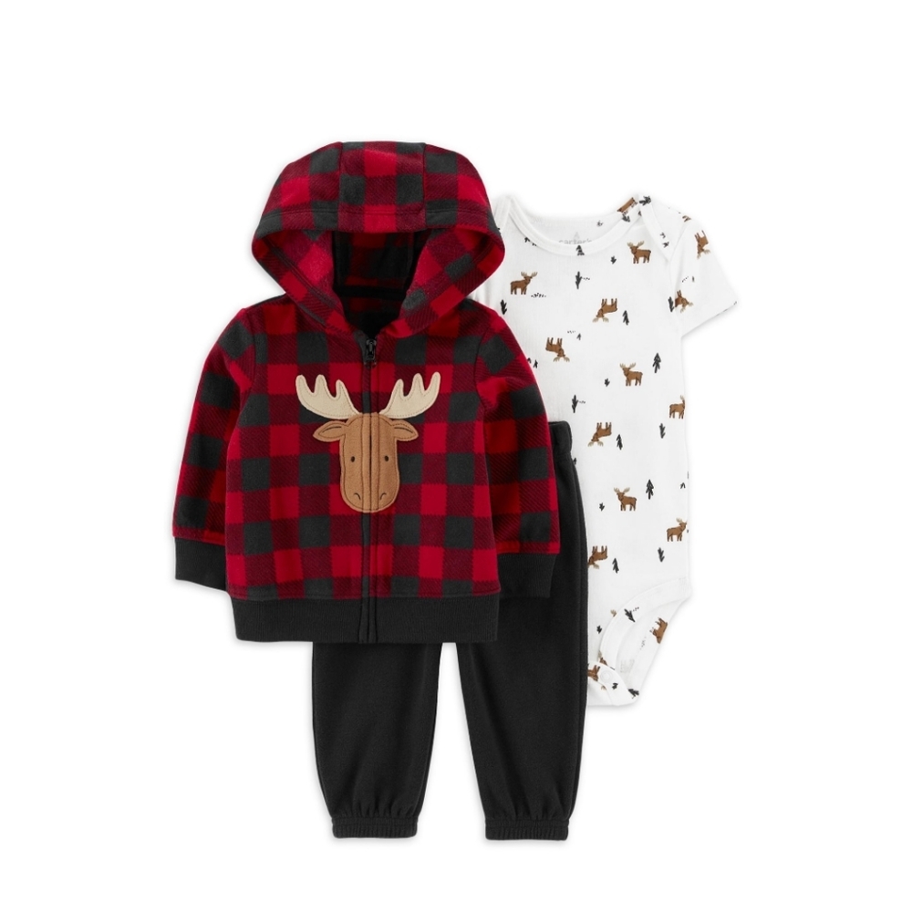 Carter's Child of Mine Baby Boy Size 12M Cardigan Outfit Set, 3-Piece Moose NWT